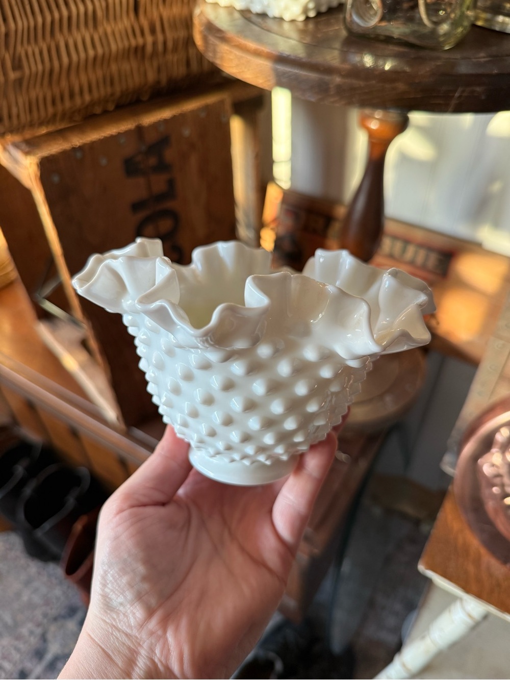 White Hobnail Milk Glass Ruffled Edge Vase